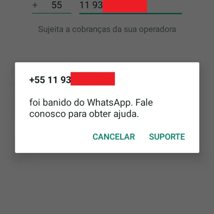 Print do WhatsApp: o número foi banido do WhatsApp, fale conosco para obter ajuda