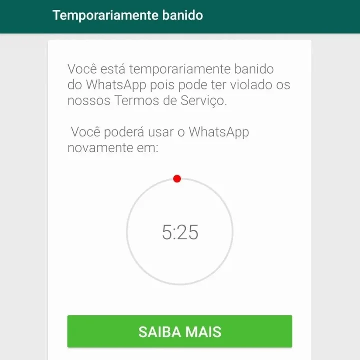 Print do WhatsApp: Temporariamente banido, com contagem para voltar a usar